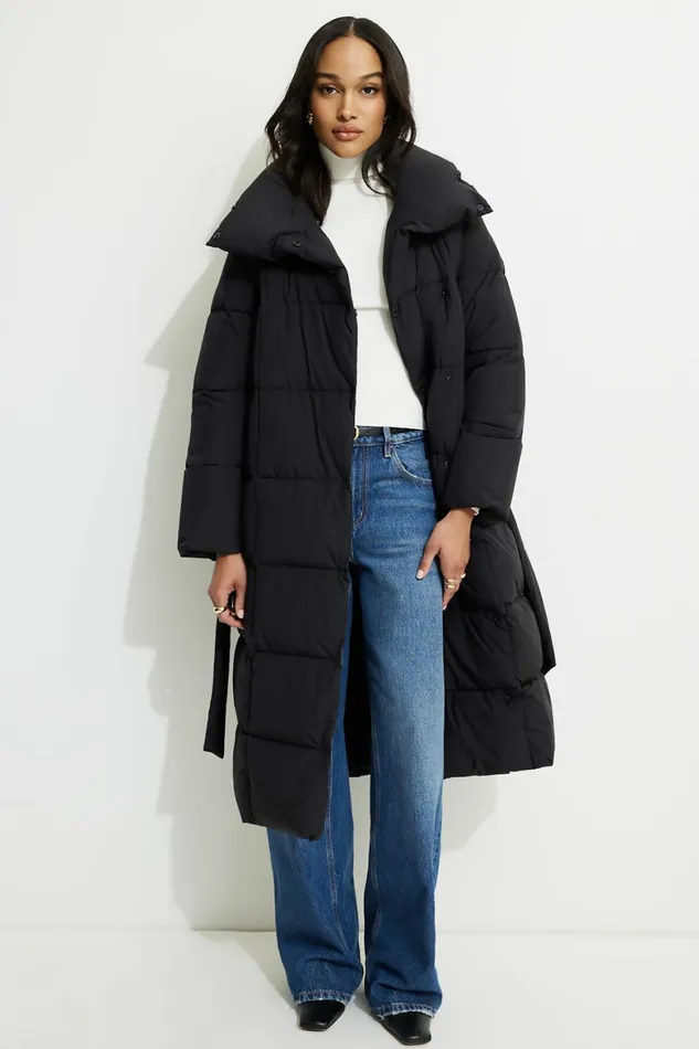 Women Dynamite Coats and Jackets Belted Maxi Puffer Coat Black