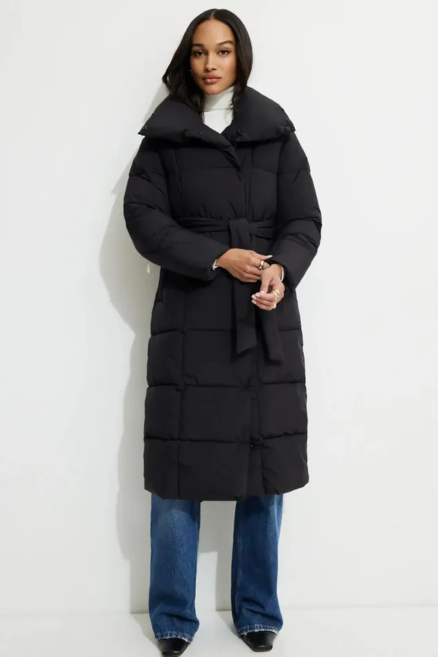 Women Dynamite Coats and Jackets Belted Maxi Puffer Coat Black