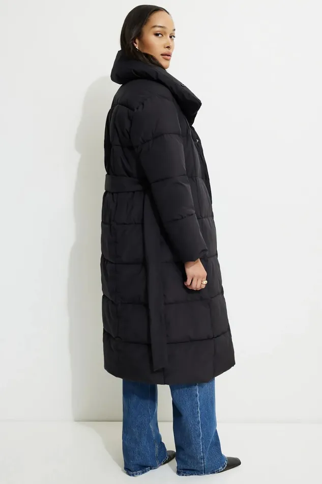 Women Dynamite Coats and Jackets Belted Maxi Puffer Coat Black