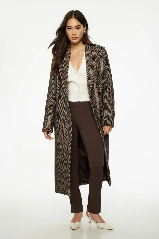 Women Dynamite Coats and Jackets Double Breasted Herringbone Coat Brown