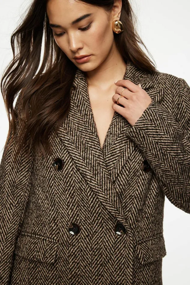 Women Dynamite Coats and Jackets Double Breasted Herringbone Coat Brown