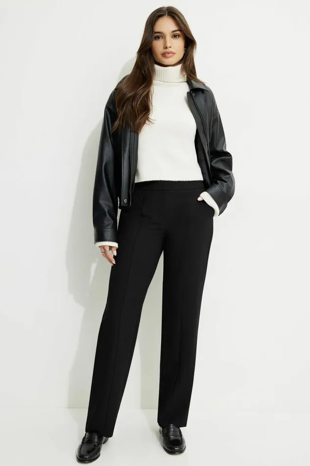 Women Dynamite Pants Mid Rise Straight Leg Pants BLACK