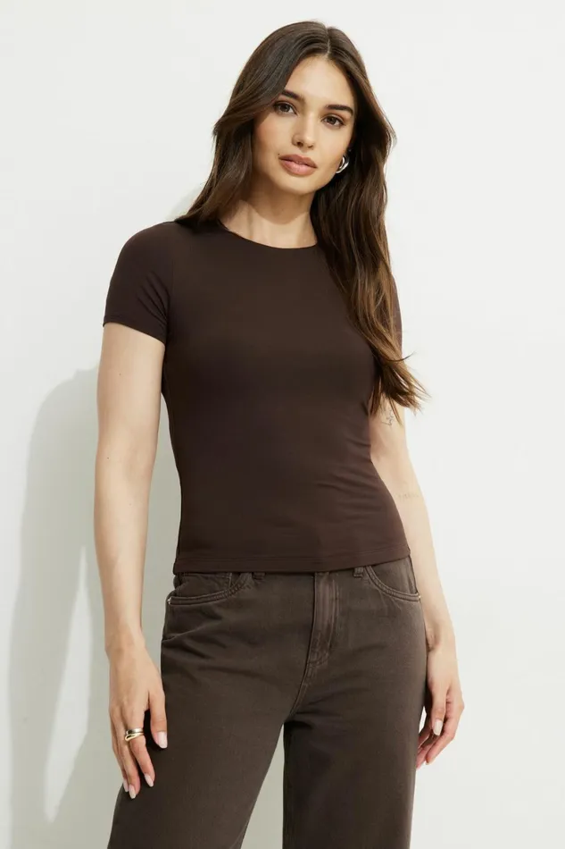 Women Dynamite Tops Drea Jersey Crewneck T Shirt Brown