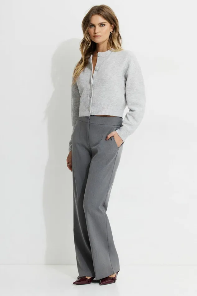Women Dynamite Tops Heavenlyarn Catherine Crewneck Cardigan Gray