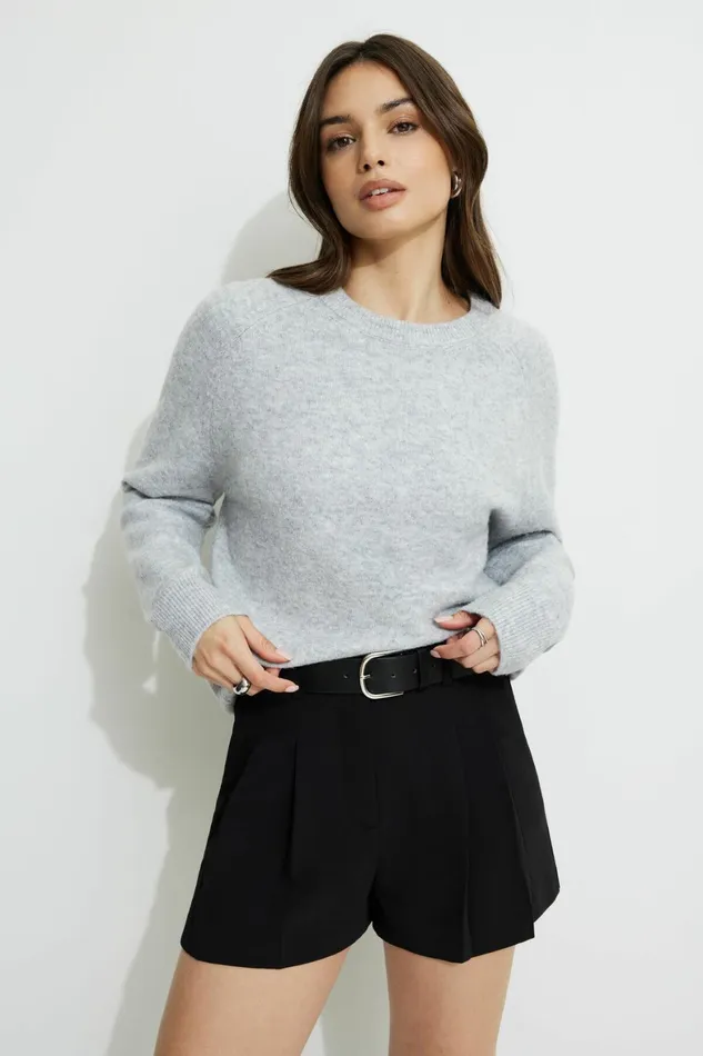 Women Dynamite Tops Raglan Crewneck Sweater Gray