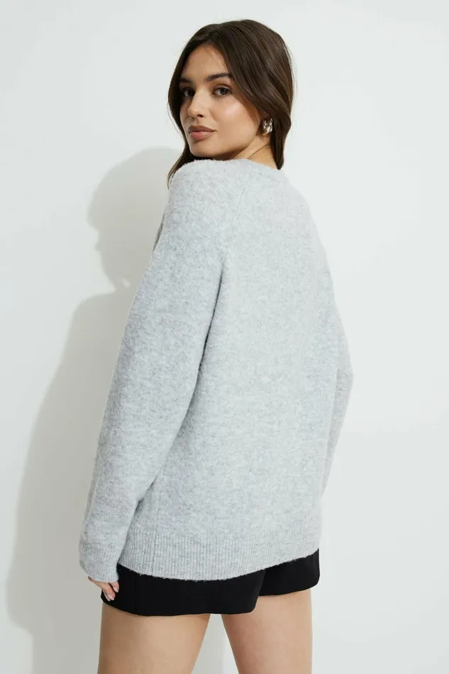 Women Dynamite Tops Raglan Crewneck Sweater Gray