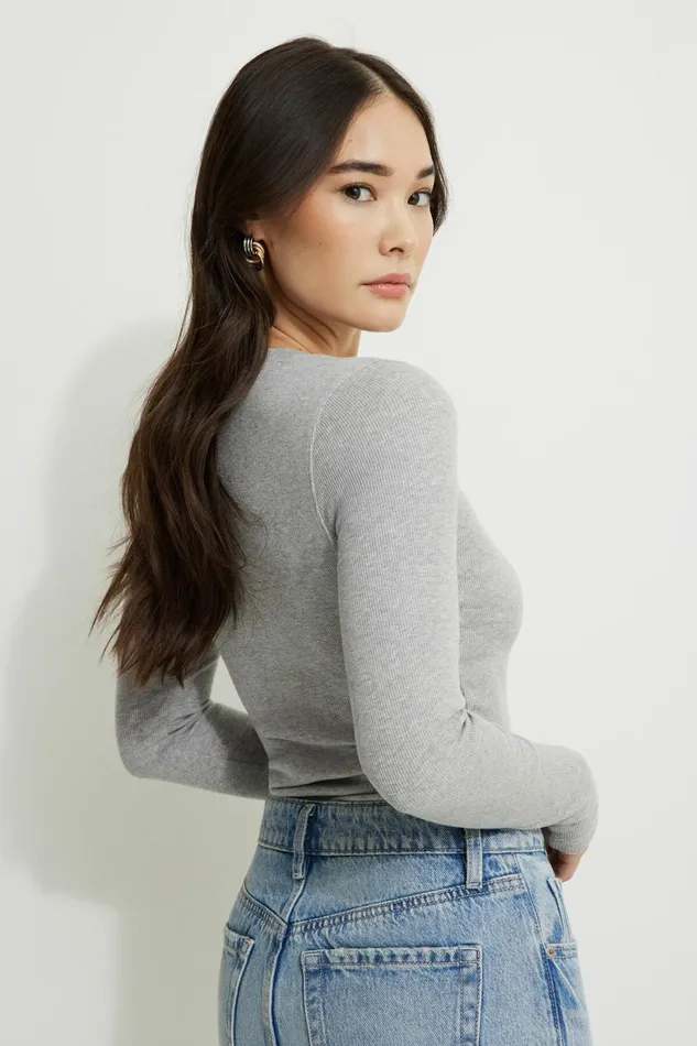 Women Dynamite Tops Tedi Ribbed Long Sleeve T Shirt Gray