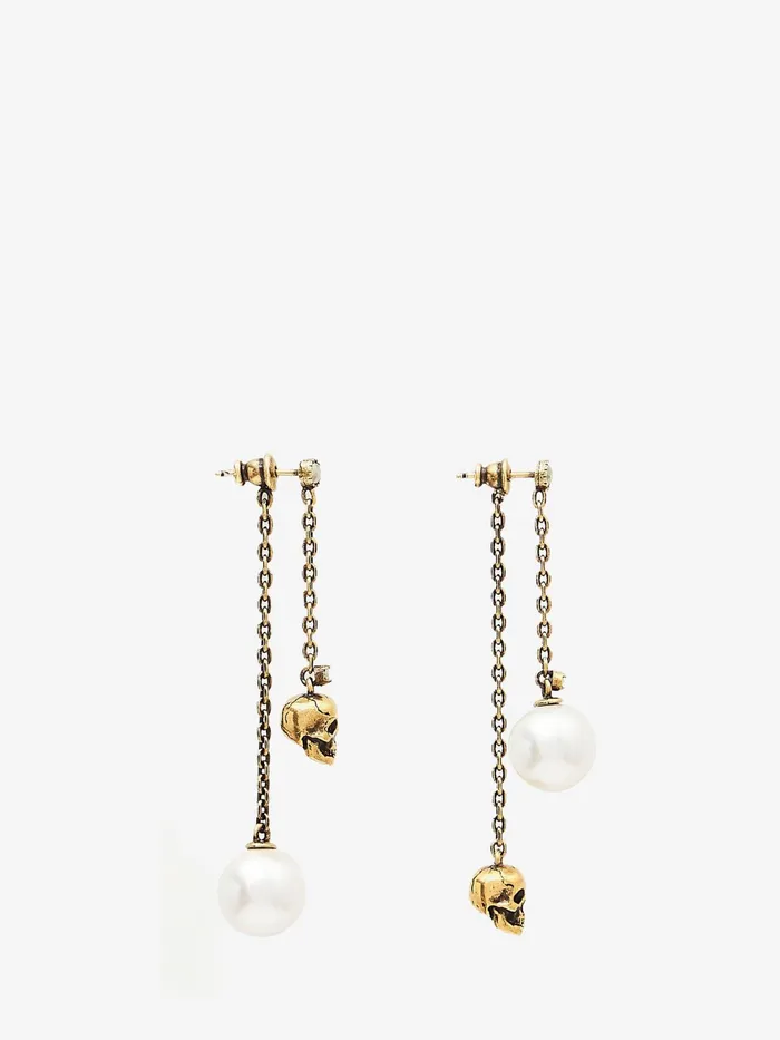 Women Earrings Alexander McQueen PearlLike Skull Chain Drop Earring Antique Gold