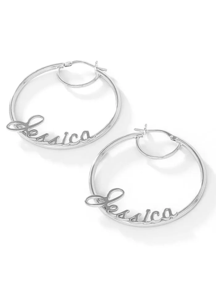 Women Earrings Jessica Simpson Personalized Hoop Earrings In Sterling Silver