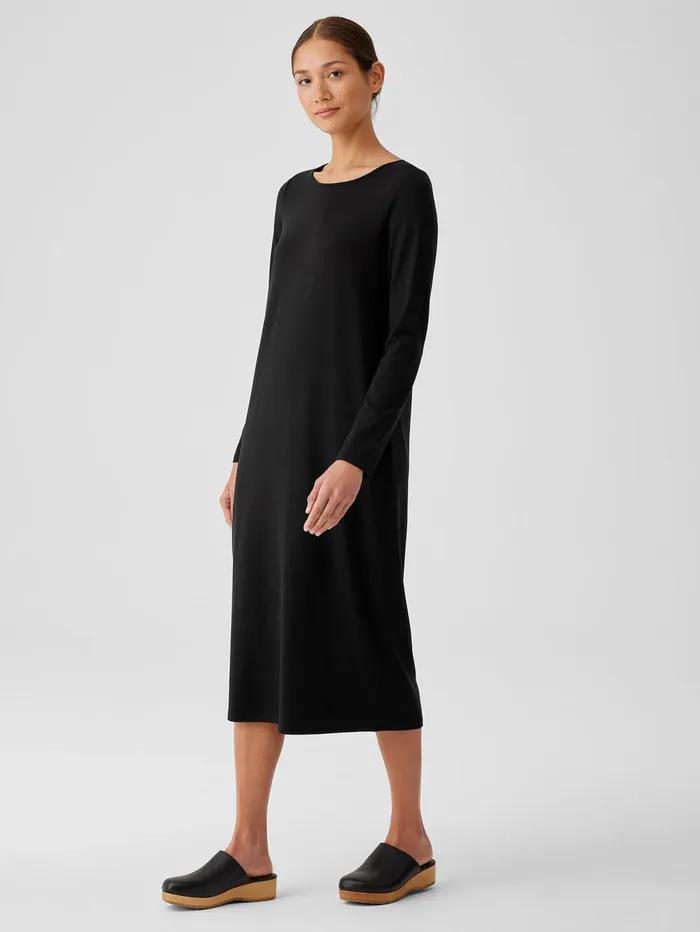 Women Eileen Fisher Dresses and Skirts Stretch Jersey Knit Jewel Neck Dress Black