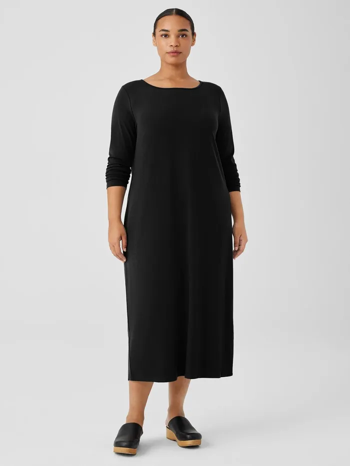 Women Eileen Fisher Dresses and Skirts Stretch Jersey Knit Jewel Neck Dress Black