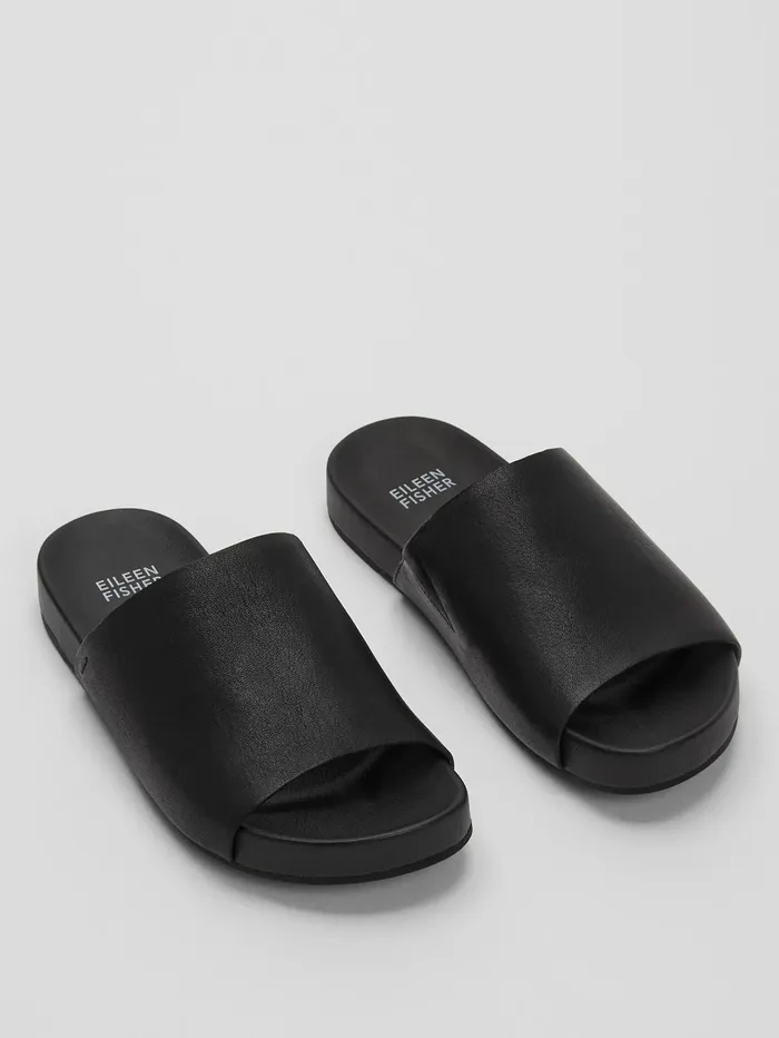 Women Eileen Fisher Shoes Mask Tumbled Leather Slide Sandal Black