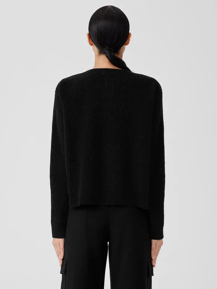 Women Eileen Fisher Sweaters and Cardigans Organic Cotton Chenille Crew Neck Cardigan Black