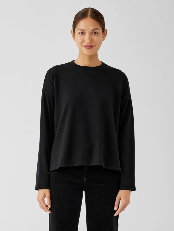 Women Eileen Fisher Tops and Tees Cozy Brushed Terry Hug BoxTop Black