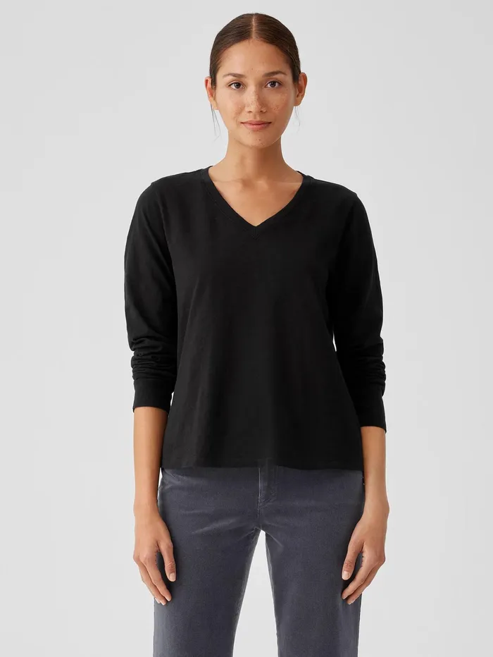 Women Eileen Fisher Tops and Tees Organic Cotton Slub VNeck Top Black