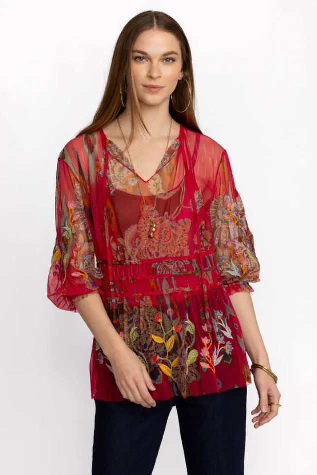 Women FEATHER LARK MESH BLOUSE Multi Johnny Was Tops