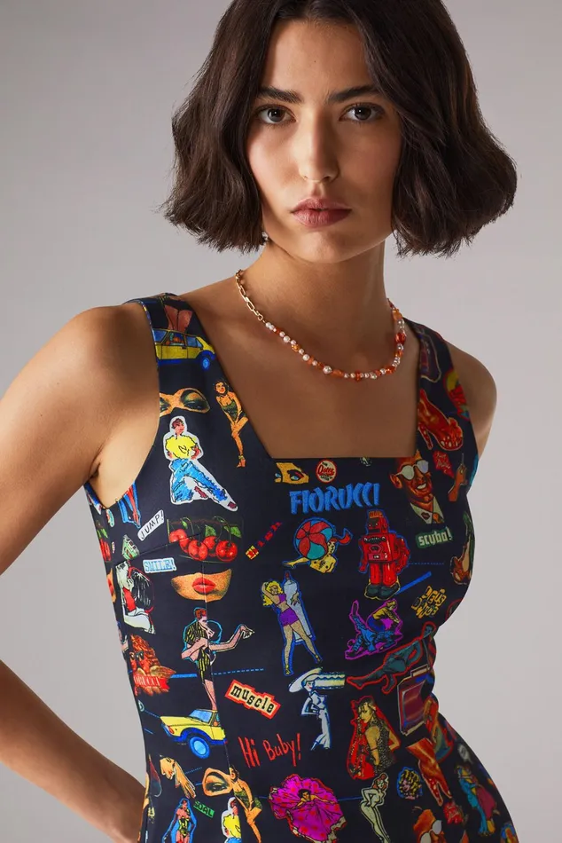 Women Fiorucci Dresses Sticker Print Mini Dress Black