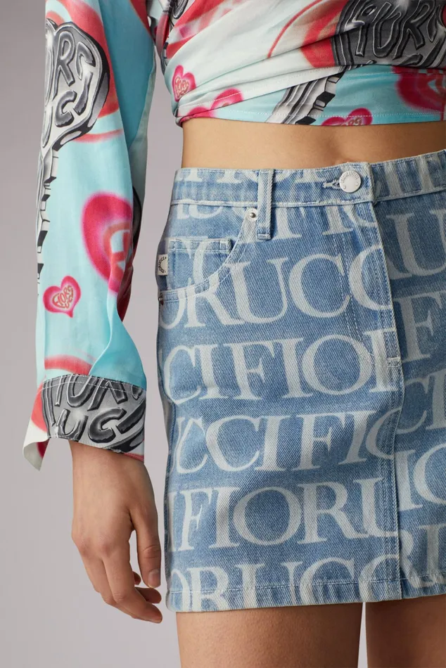 Women Fiorucci Jeans and Denim Laser Monogram Denim Mini Skirt Blue Women Fiorucci Jeans and Denim Laser Monogram Denim Mini Skirt Blue
