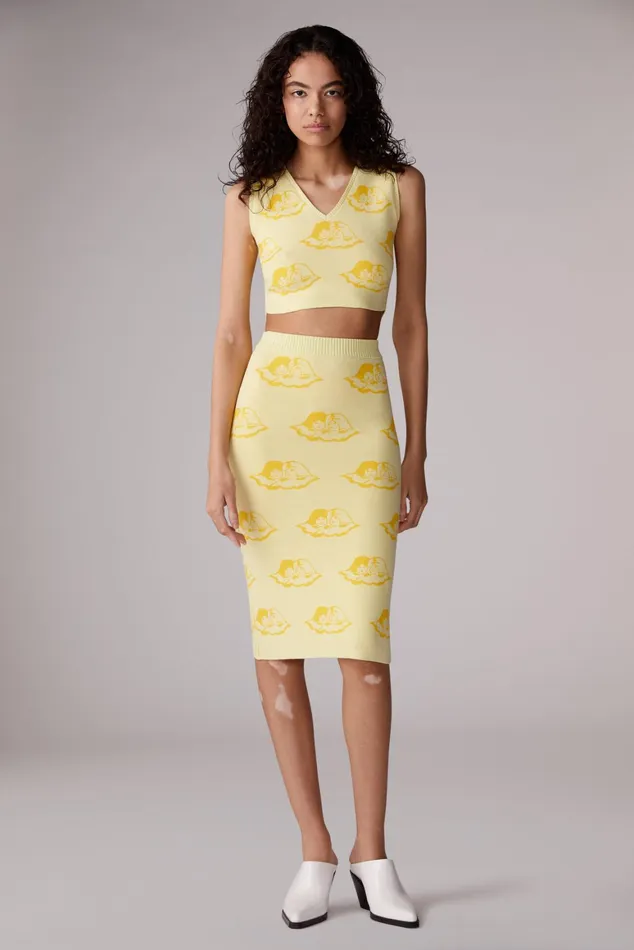 Women Fiorucci Knitwear All Over Angels Knit Midi Skirt Yellow
