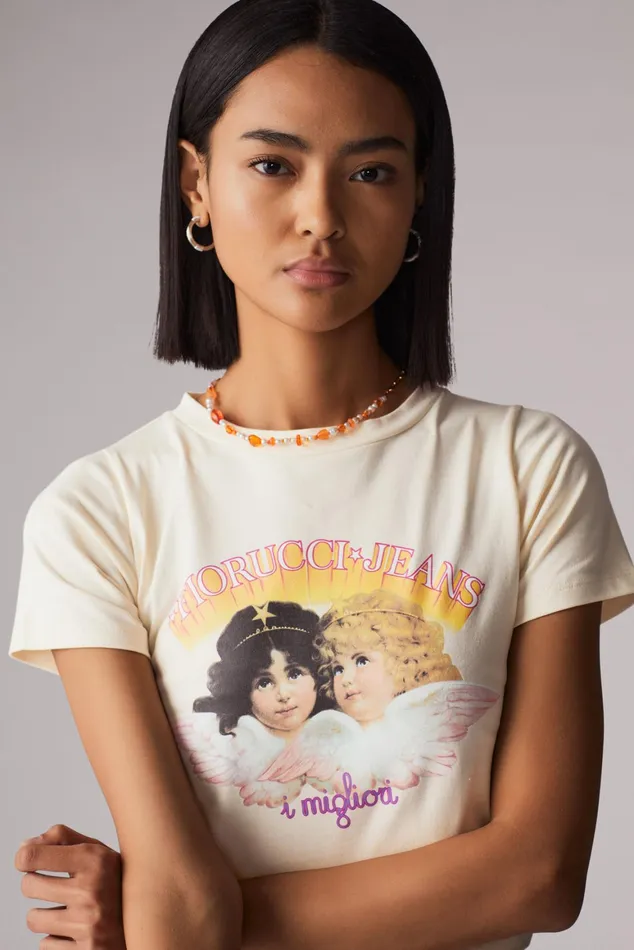 Women Fiorucci TShirts and Tops Angels Jeans Logo Baby TShirt Cream Women Fiorucci TShirts and Tops Angels Jeans Logo Baby TShirt Cream