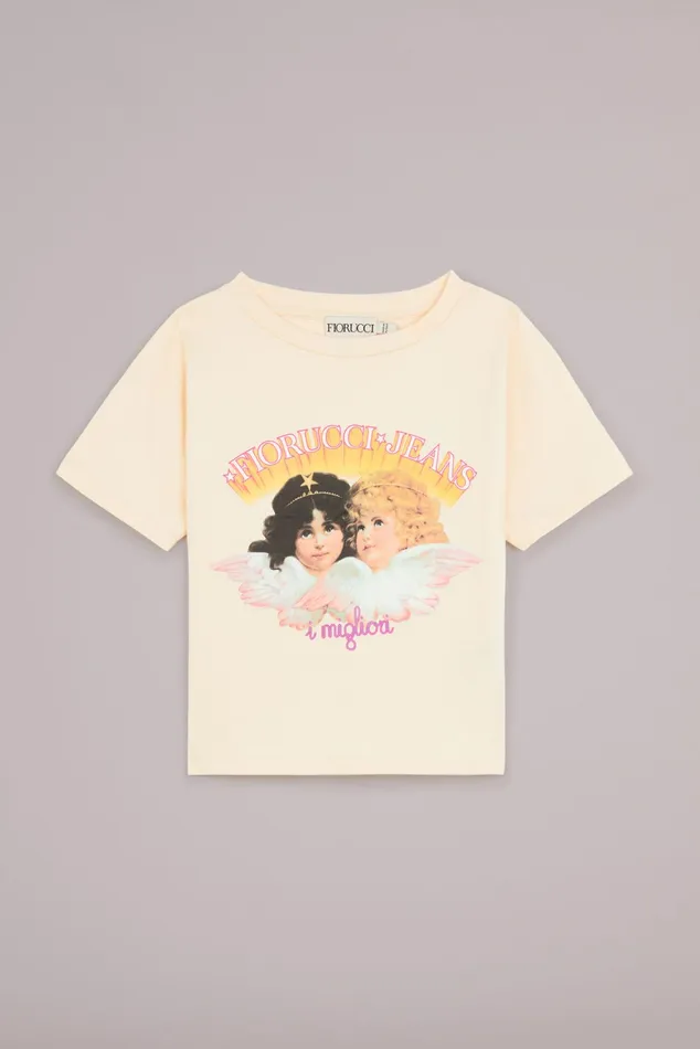 Women Fiorucci TShirts and Tops Angels Jeans Logo Baby TShirt Cream Women Fiorucci TShirts and Tops Angels Jeans Logo Baby TShirt Cream