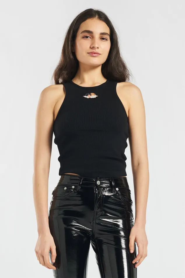 Women Fiorucci TShirts and Tops Icon Angels Ribbed Vest Black