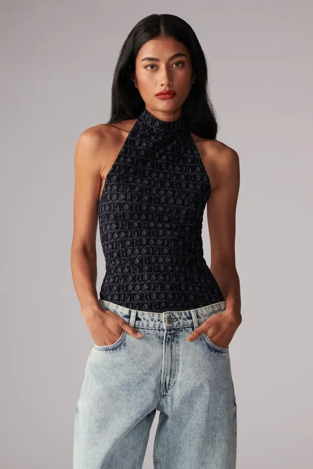 Women Fiorucci TShirts and Tops Monogram Logo Halter Neck Top Navy Women Fiorucci TShirts and Tops Monogram Logo Halter Neck Top Navy