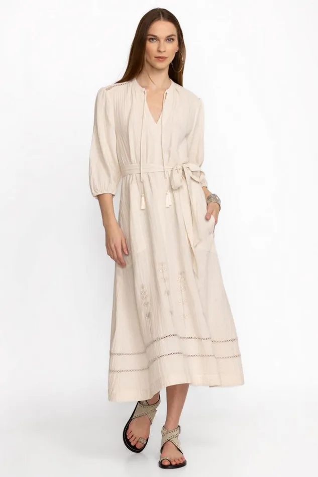 Women GAUZE BISHOP SLEEVE DRESS WITH WAIST TIE White Sand Johnny Was Dresses