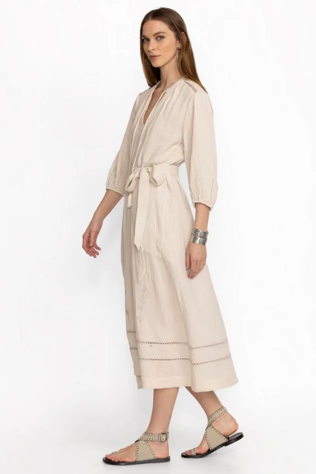 Women GAUZE BISHOP SLEEVE DRESS WITH WAIST TIE White Sand Johnny Was Dresses Women GAUZE BISHOP SLEEVE DRESS WITH WAIST TIE White Sand Johnny Was Dresses