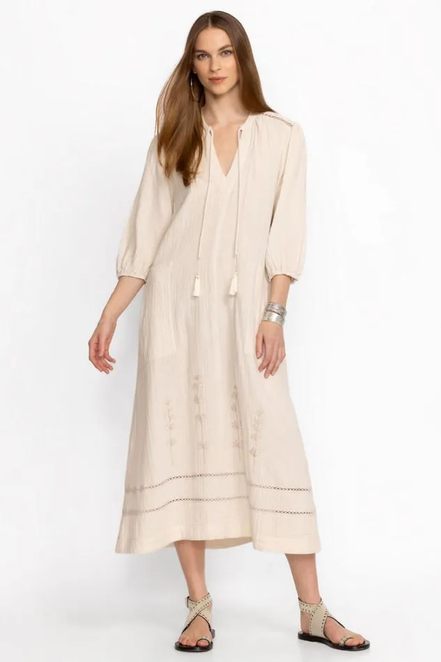 Women GAUZE BISHOP SLEEVE DRESS WITH WAIST TIE White Sand Johnny Was Dresses Women GAUZE BISHOP SLEEVE DRESS WITH WAIST TIE White Sand Johnny Was Dresses
