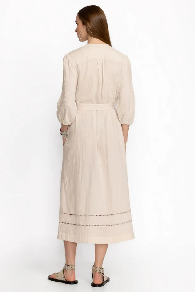 Women GAUZE BISHOP SLEEVE DRESS WITH WAIST TIE White Sand Johnny Was Dresses Women GAUZE BISHOP SLEEVE DRESS WITH WAIST TIE White Sand Johnny Was Dresses