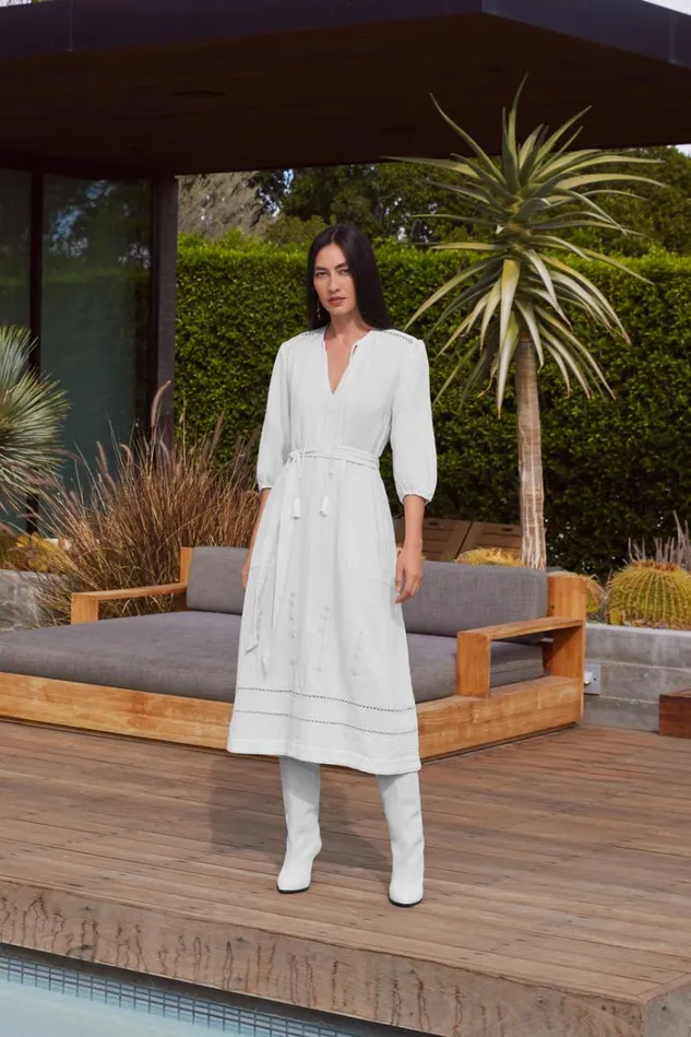 Women GAUZE BISHOP SLEEVE DRESS WITH WAIST TIE White Sand Johnny Was Dresses Women GAUZE BISHOP SLEEVE DRESS WITH WAIST TIE White Sand Johnny Was Dresses