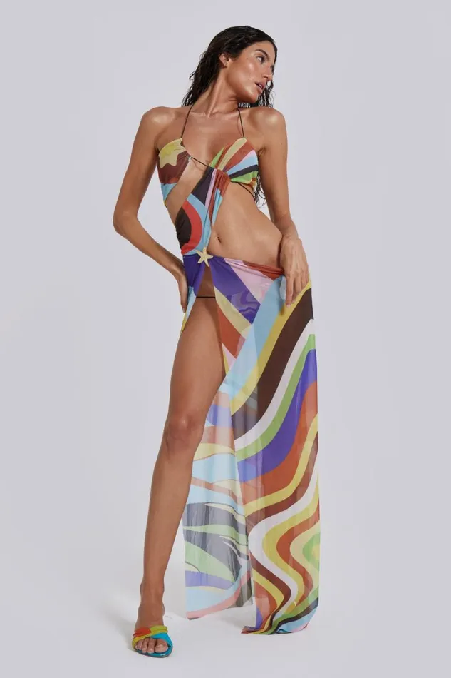 Women Geo Print Draped Jersey Maxi Dress Jaded London Beach Cover Ups