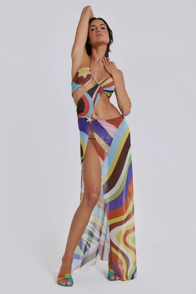 Women Geo Print Draped Jersey Maxi Dress Jaded London Beach Cover Ups