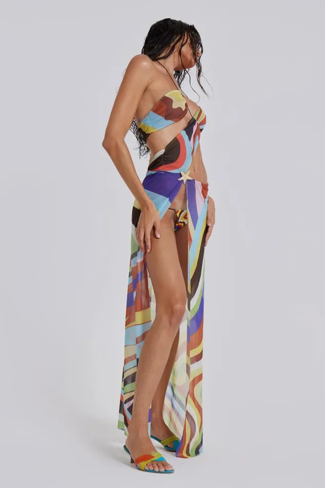 Women Geo Print Draped Jersey Maxi Dress Jaded London Beach Cover Ups