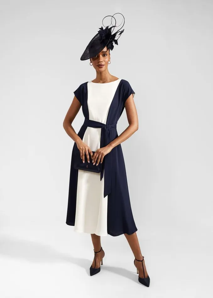 Women HOBBS Dresses and Jumpsuits Emery Tie Belted Midi Dress Navy Cream