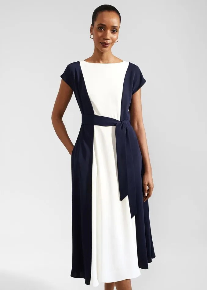 Women HOBBS Dresses and Jumpsuits Emery Tie Belted Midi Dress Navy Cream