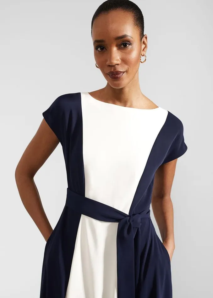 Women HOBBS Dresses and Jumpsuits Emery Tie Belted Midi Dress Navy Cream