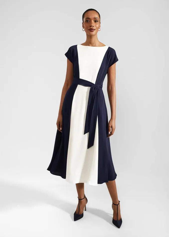 Women HOBBS Dresses and Jumpsuits Emery Tie Belted Midi Dress Navy Cream