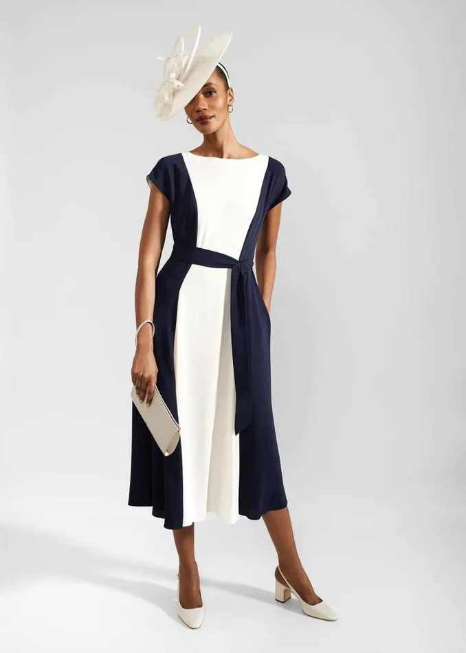 Women HOBBS Dresses and Jumpsuits Emery Tie Belted Midi Dress Navy Cream