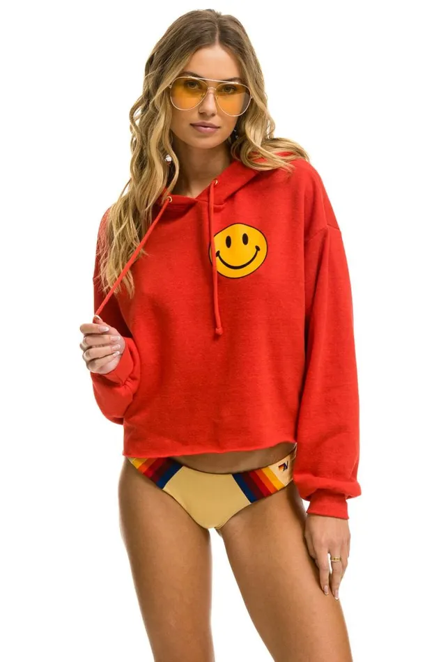 Women Hoodies Aviator Nation Smiley 2 Relaxed Cropped Pullover Hoodie 8211 Red