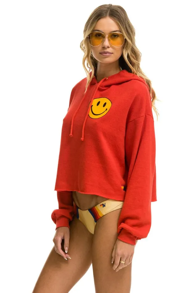 Women Hoodies Aviator Nation Smiley 2 Relaxed Cropped Pullover Hoodie 8211 Red
