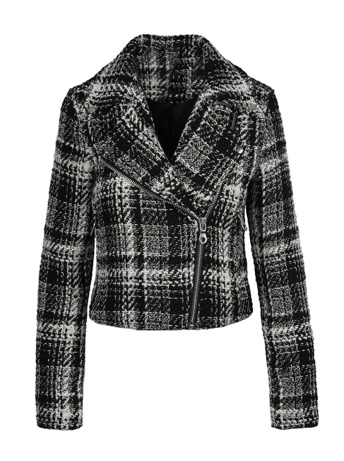 Women Jackets Blazers and Kimonos Jessica Simpson Biker Jacket In Black and White Tweed