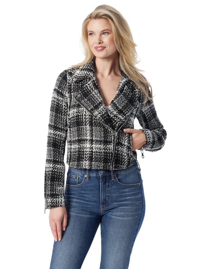 Women Jackets Blazers and Kimonos Jessica Simpson Biker Jacket In Black and White Tweed