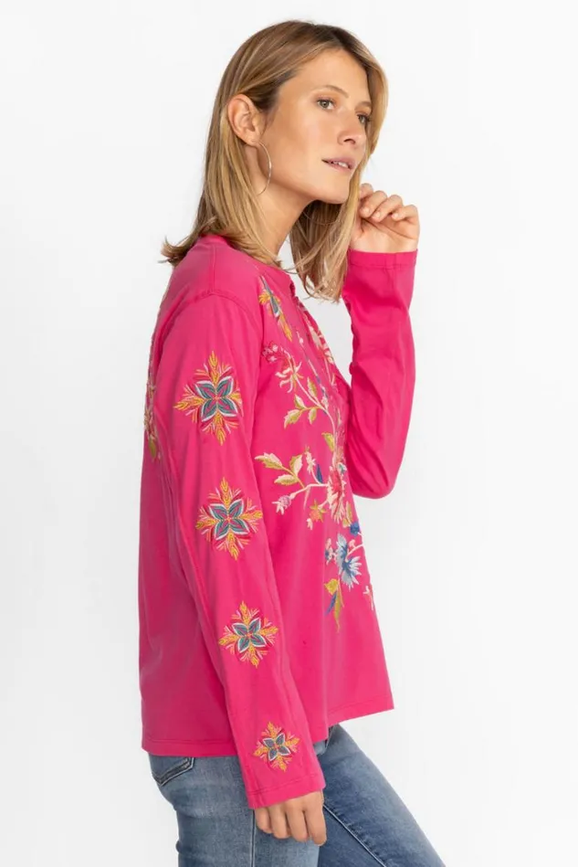 Women JULIE RAW SEAM HENLEY Fuchsia Johnny Was Tops Women JULIE RAW SEAM HENLEY Fuchsia Johnny Was Tops