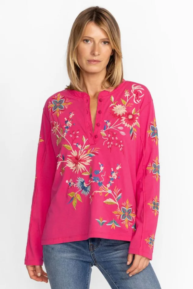 Women JULIE RAW SEAM HENLEY Fuchsia Johnny Was Tops Women JULIE RAW SEAM HENLEY Fuchsia Johnny Was Tops