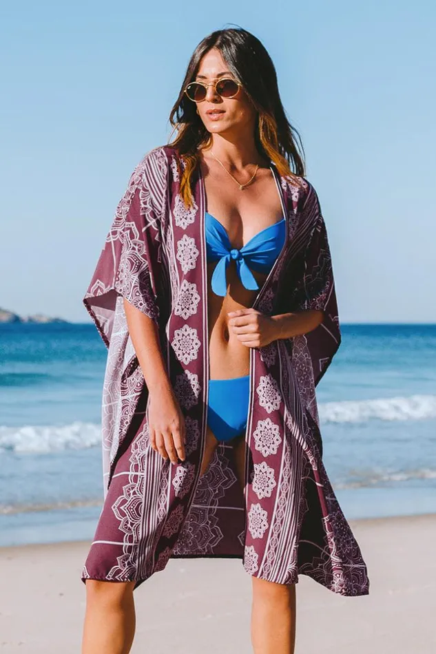 Women Kaftans Cupshe Paulina Geo Print Split Kimono Burgundy