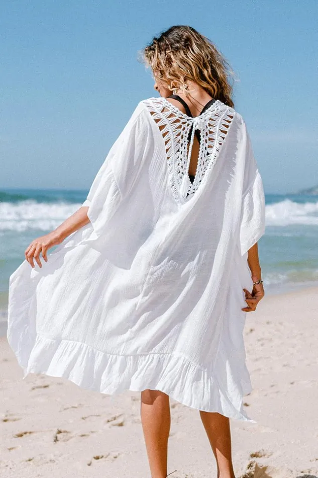 Women Kaftans Cupshe Sophia White Square Neck Crochet Tassel Kaftan White
