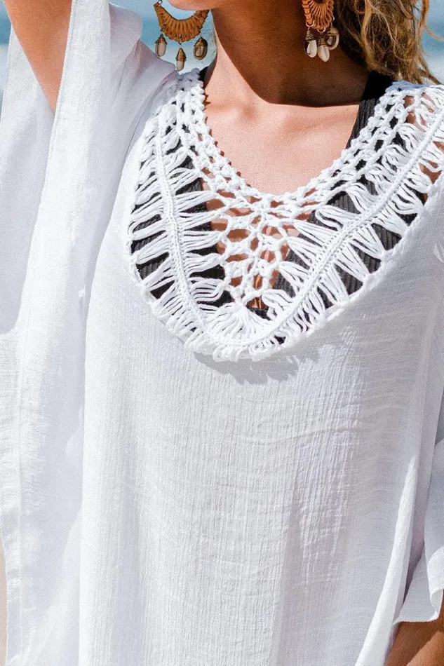 Women Kaftans Cupshe Sophia White Square Neck Crochet Tassel Kaftan White