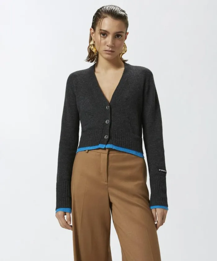 Women Knitwear Pinko Cashmere Wool Cropped Cardigan With Contrasts Greyturquoise Women Knitwear Pinko Cashmere Wool Cropped Cardigan With Contrasts Greyturquoise